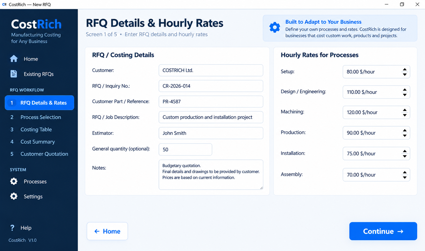 CostRich RFQ details and hourly rates screen