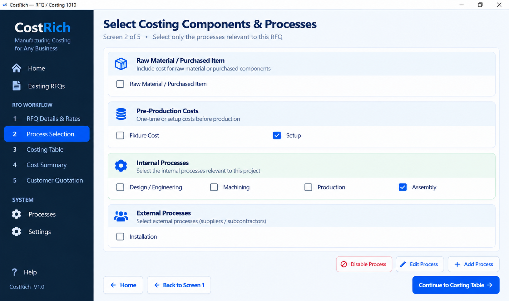 CostRich process selection screen