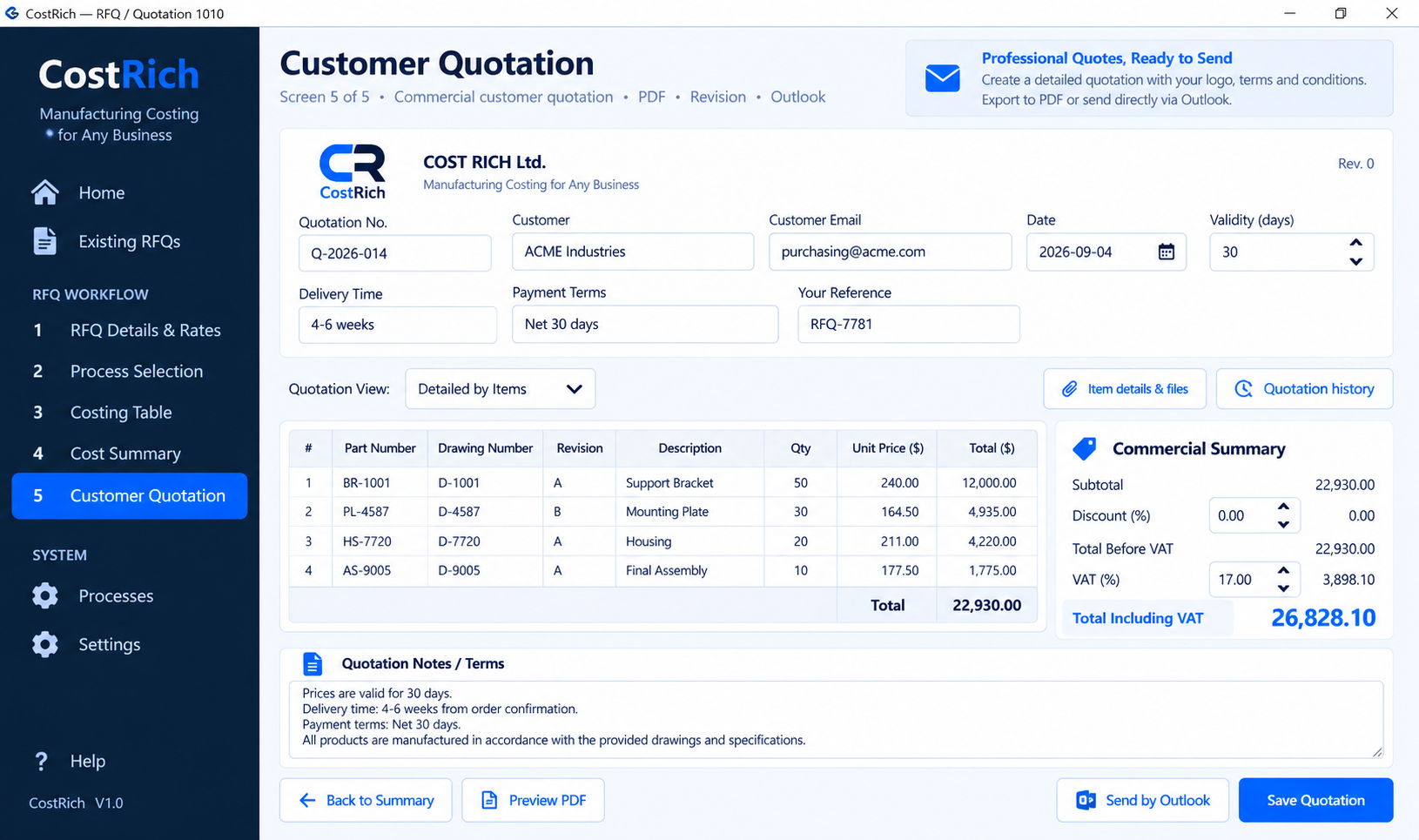 CostRich customer quotation screen